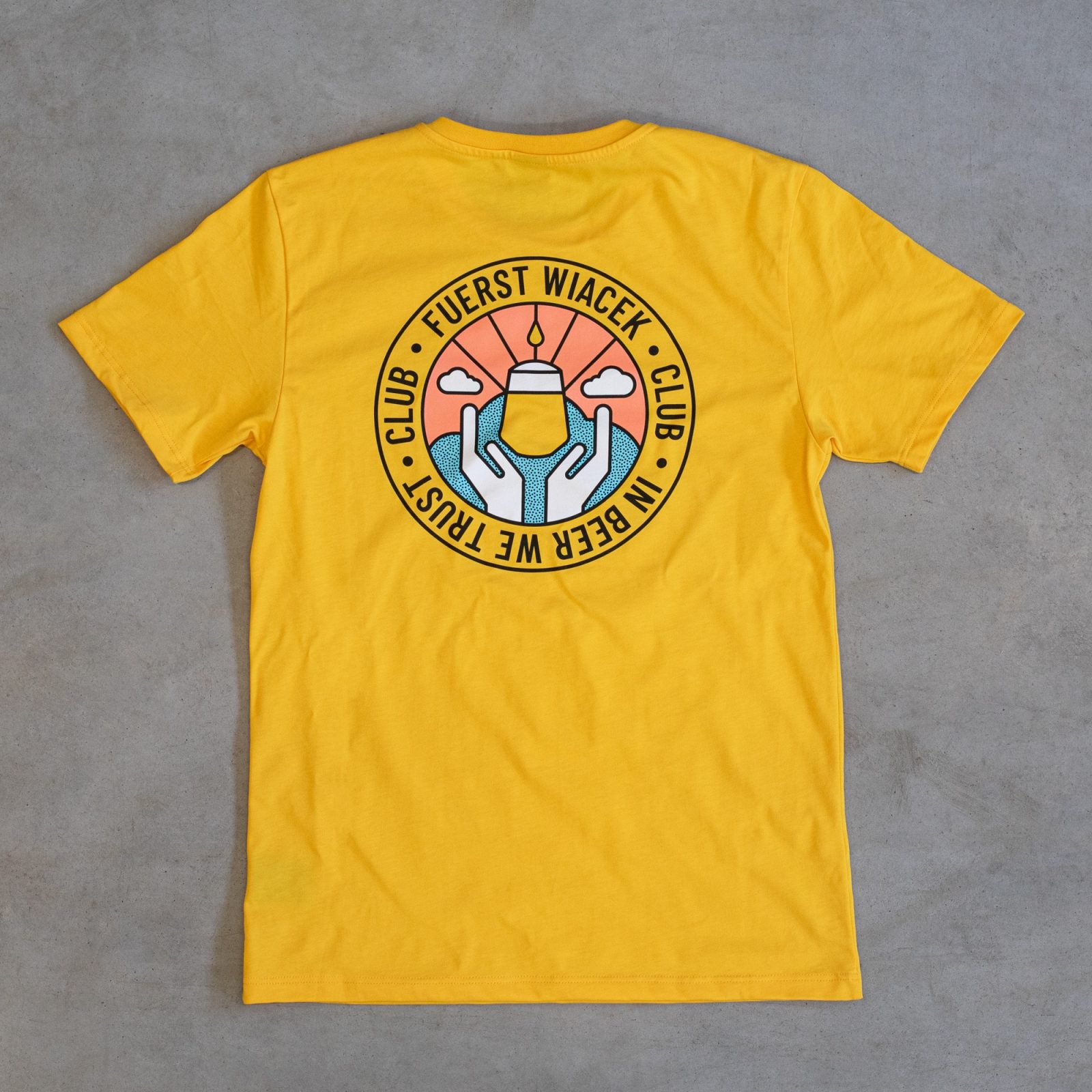 Yellow FUERST WIACEK T-Shirt with In Beer We Trust design on back