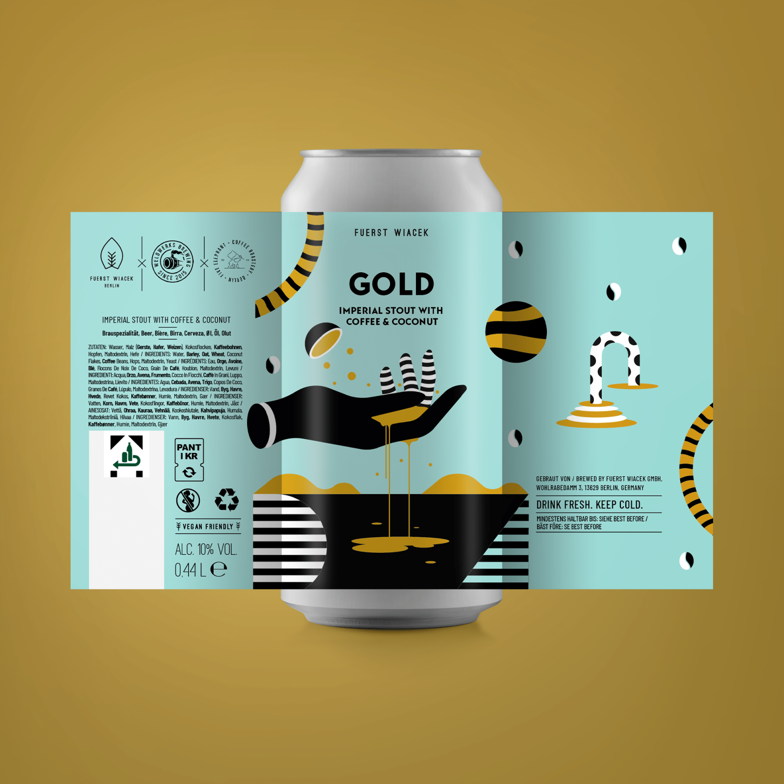 Gold - a 10.0 % Imperial Stout with Coffee & Coconut from FUERST WIACEK, a craft beer brewery in Berlin in collaboration with Weldwerks Brewing & Five Elephant Roastery