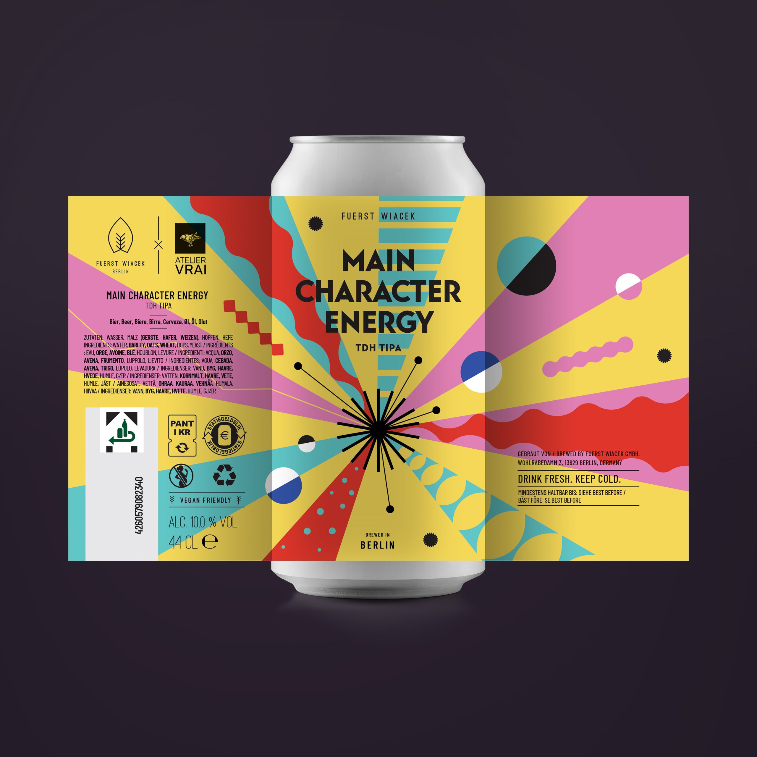 Main character energy beer can with colorful, abstract graphic design, brewed by Fuerst Wiacek in Berlin, showcasing a vibrant and artistic label for craft beer enthusiasts.